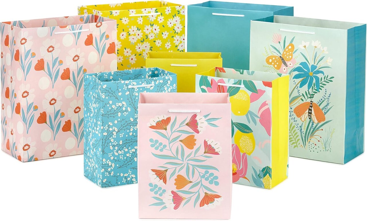 Spring Floral Gift Bags – Assorted Sizes 8-Pack (4 Medium, 4 Large) | Teal, Pink, Yellow, Lemons & Florals for Easter, Birthdays, Mother’s Day & Showers (Pink, Yellow, Turquoise)